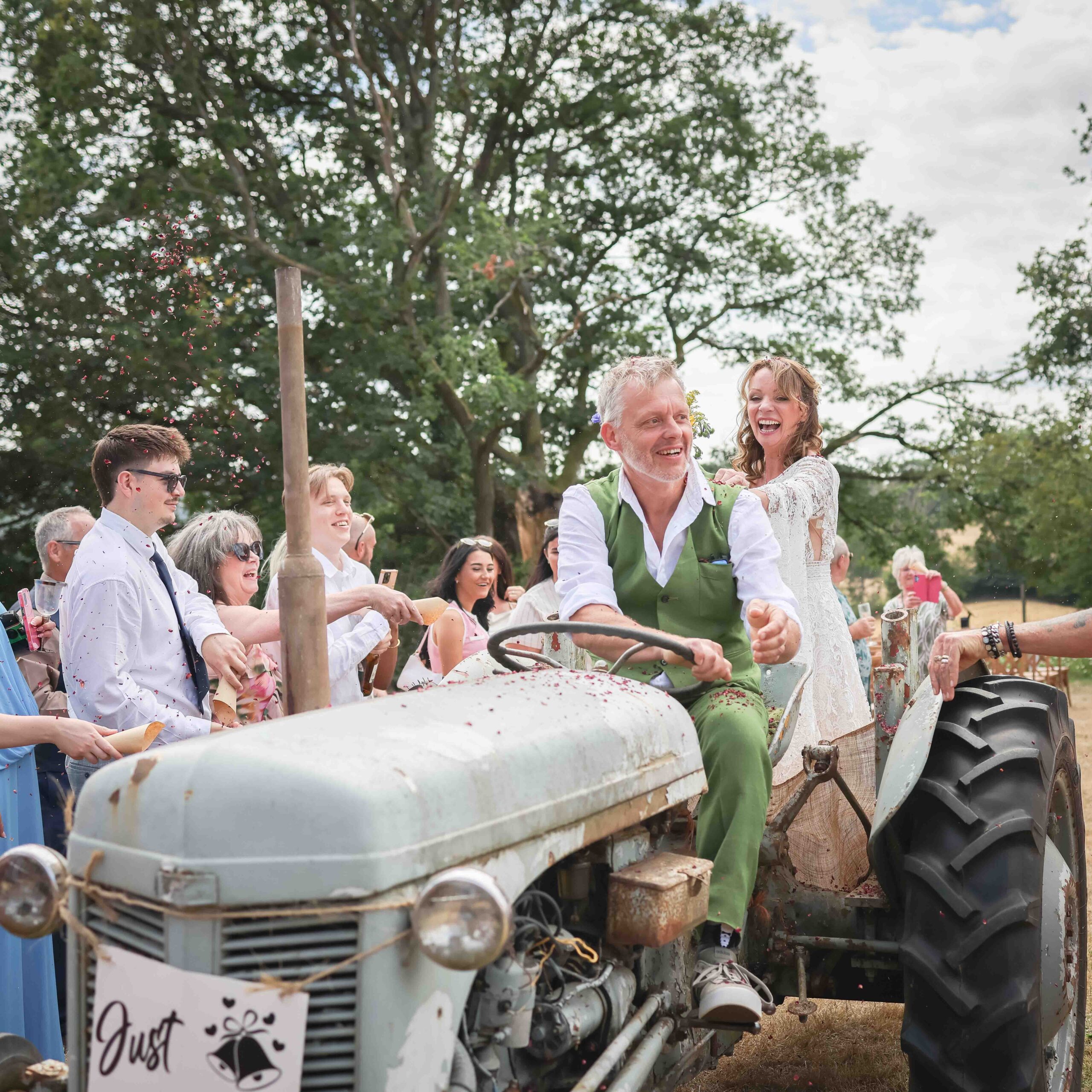 bridal couple on tractor